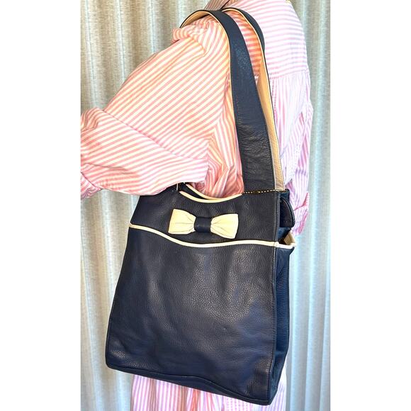 J.P Ourse & Cie Geneve Leather Tote Handbag Bag Blue Cream Bow - Picture 1 of 16